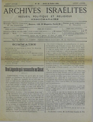 Archives israélites de France. Vol.75 N°30 (23 juil. 1914)